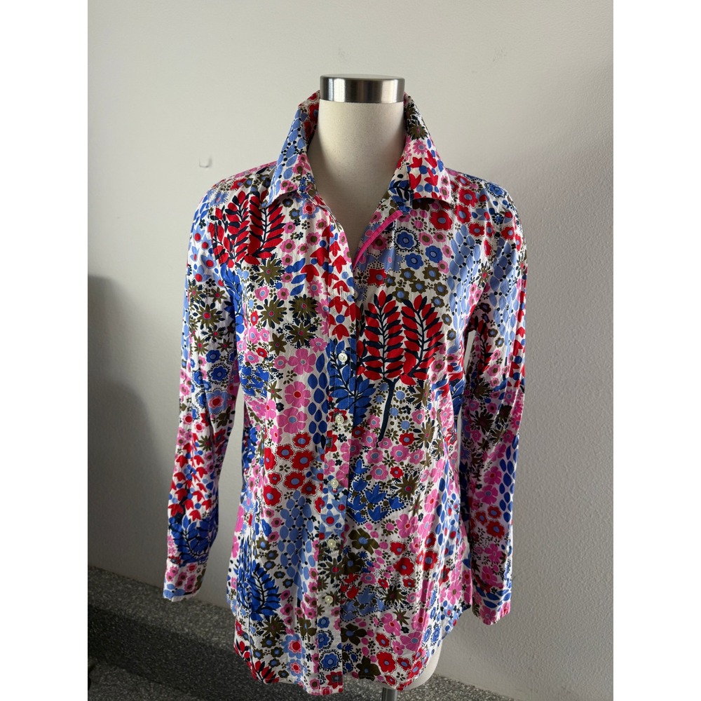 Talbots Womens Medium Floral Button Up Shirt Pink Blue Retro Cotton Blouse